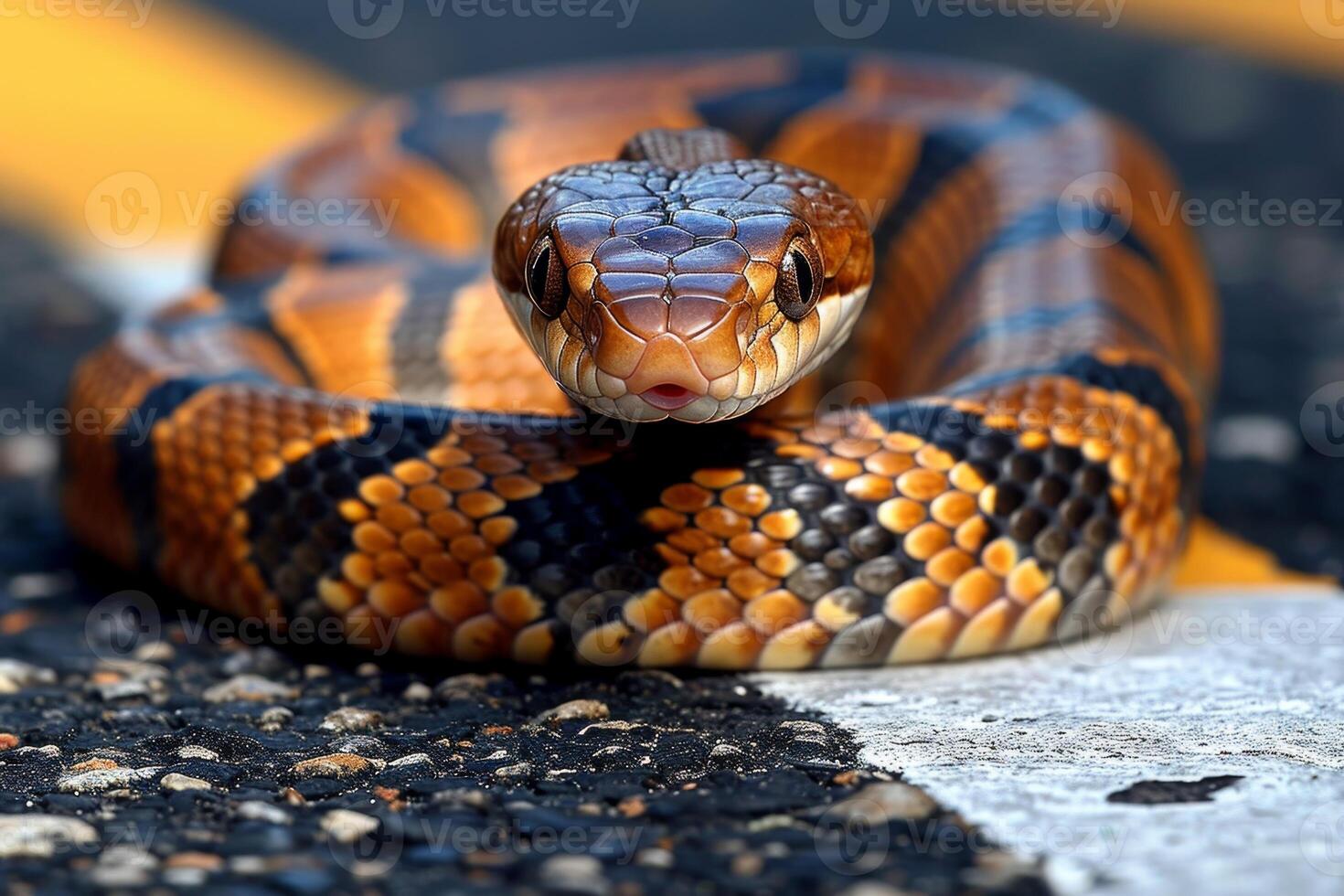 AI generated A snake crawls across a pedestrian crossing on the street photo