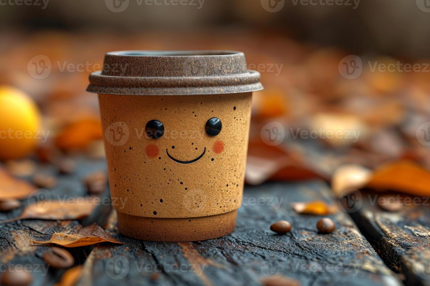 AI generated Disposable coffee cup with a smiling face on an autumn background photo