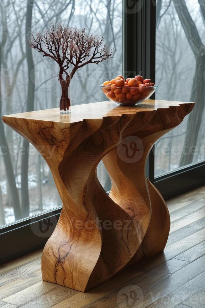 AI generated Handmade wooden designer table in the interior photo