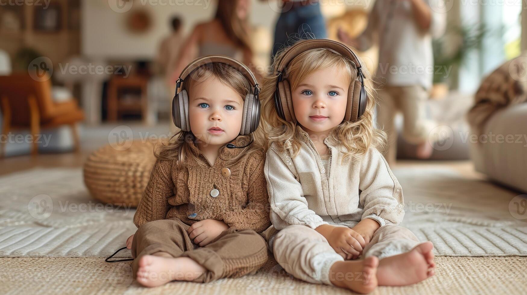AI generated Two sad children are sitting on the floor with headphones on against the background of their parents' party photo