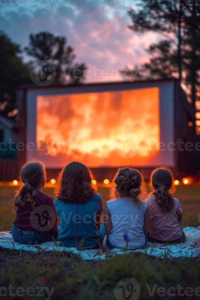 AI generated the family is watching a projector on the street near the house , movies in the yard photo