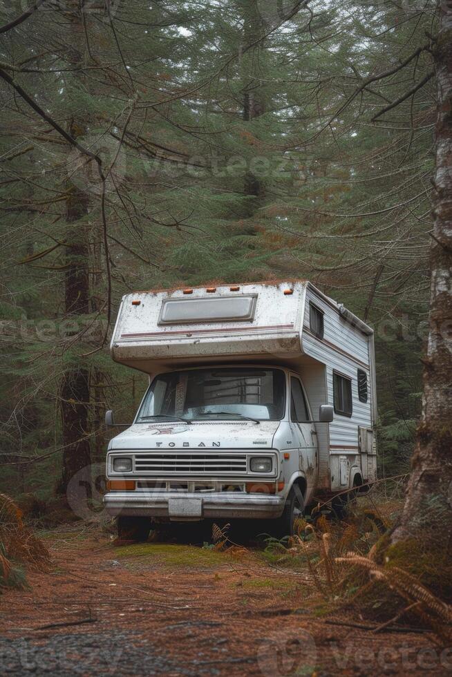 AI generated Camping in the forest of the motorhome . Holidays in a camper van photo