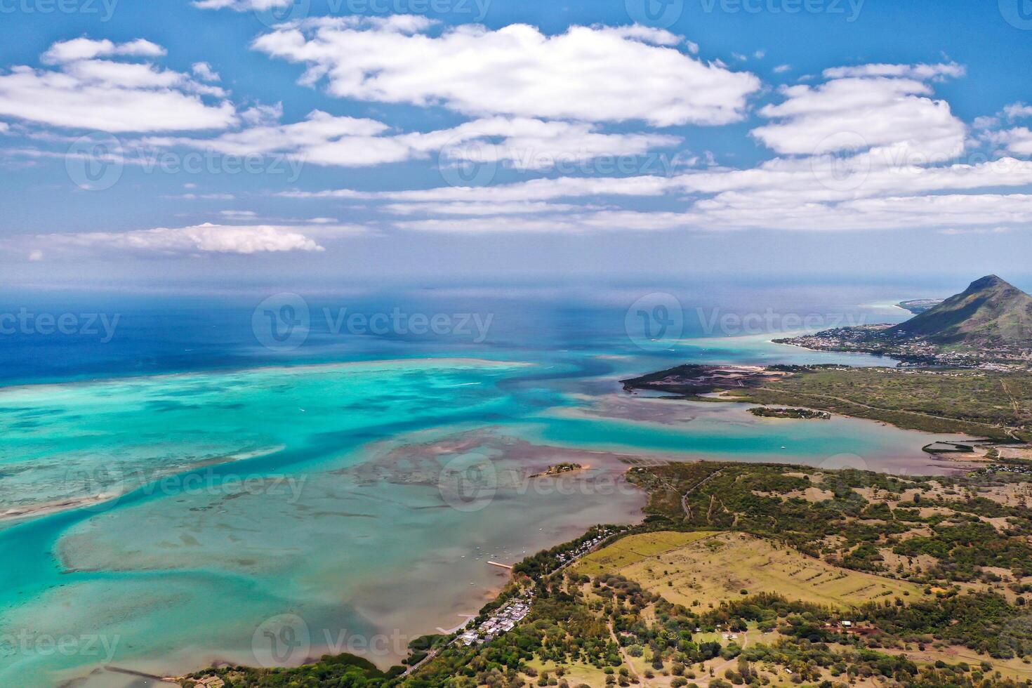The view from the bird's eye view on the coast of Mauritius. Amazing landscapes of Mauritius.Beautiful coral reef of the island photo