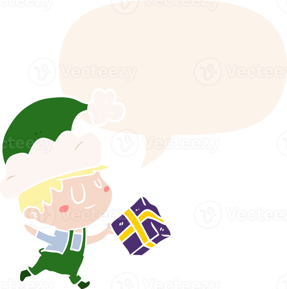 cartoon happy christmas elf and present and speech bubble in retro style png