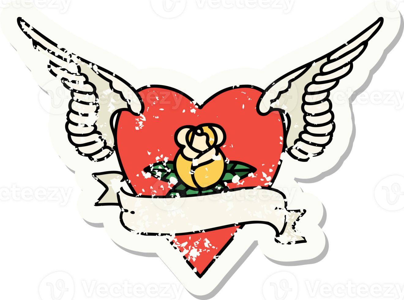 traditional distressed sticker tattoo of a heart with wings a rose and banner png