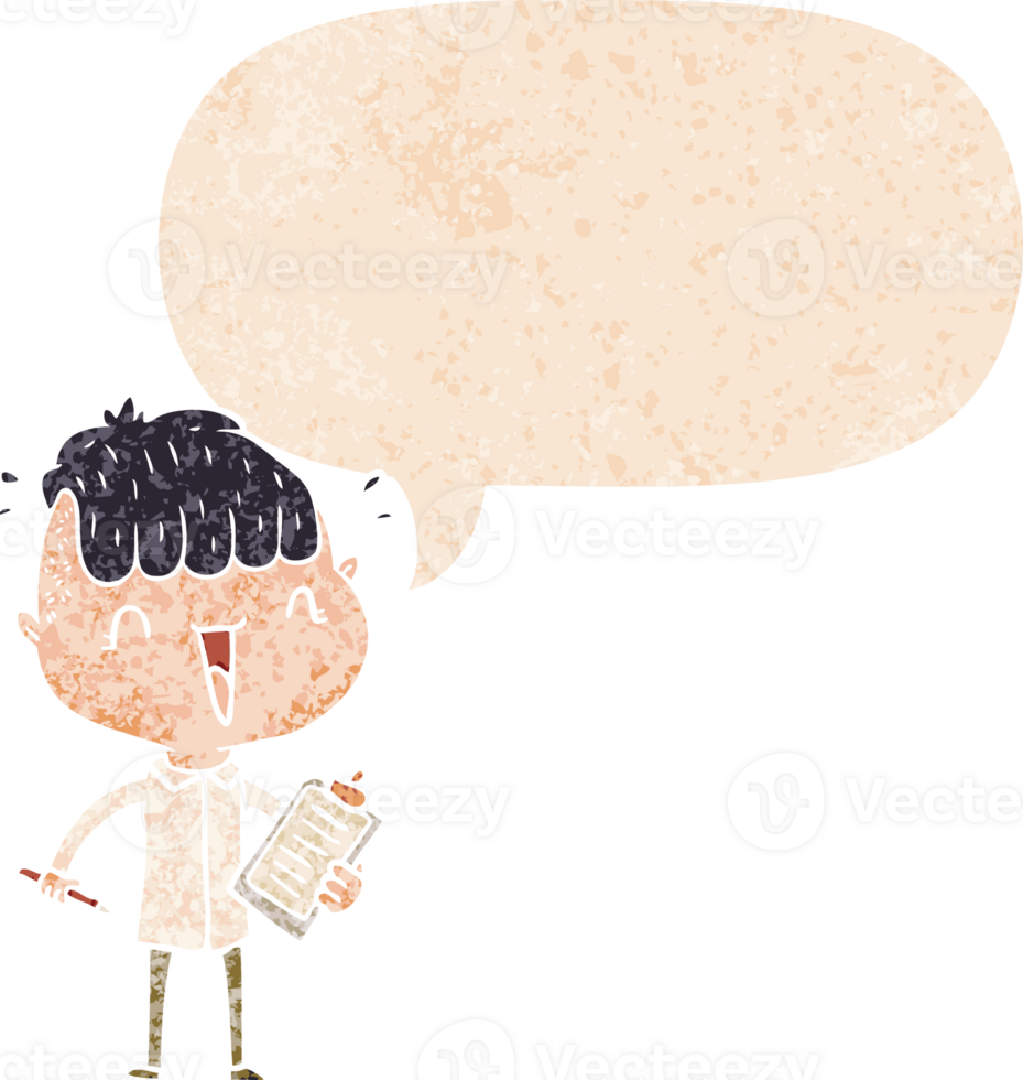 cartoon happy boy surprised with speech bubble in grunge distressed retro textured style png