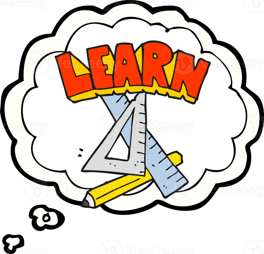 hand drawn thought bubble cartoon pencil and ruler under Learn symbol png