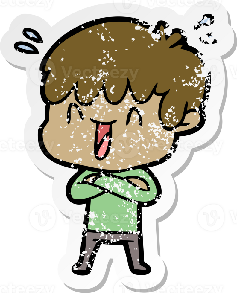 distressed sticker of a cartoon laughing boy png