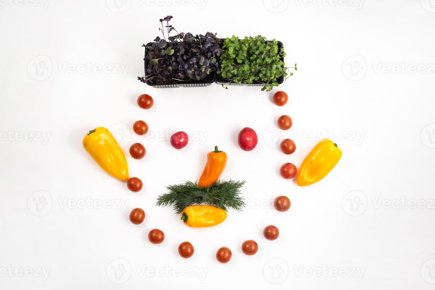 The face of a man made of sliced vegetables on a white background photo