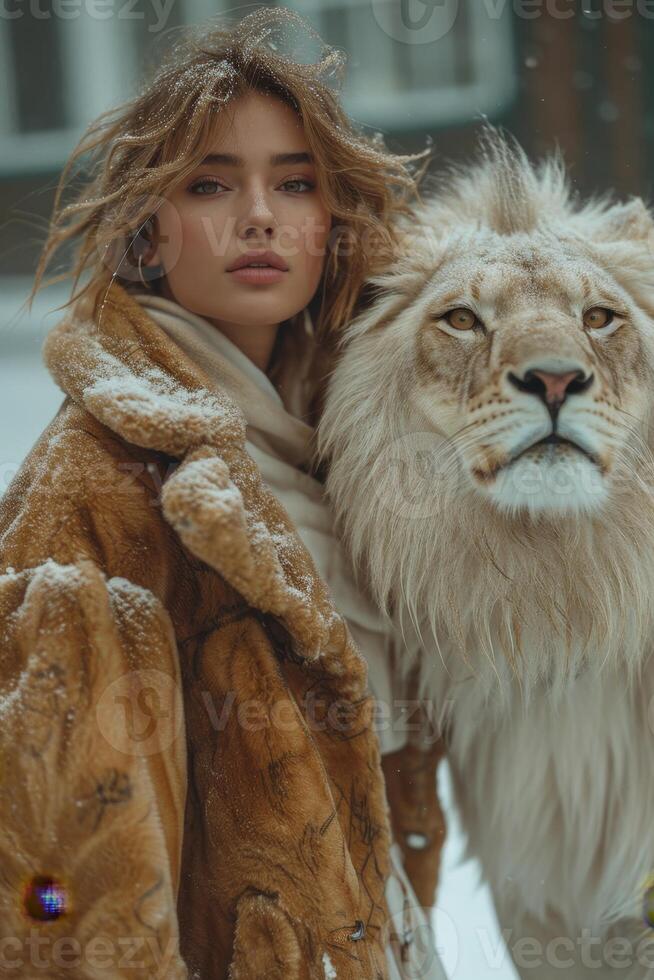 AI generated Beautiful fashionable young woman with a beautiful big lion photo
