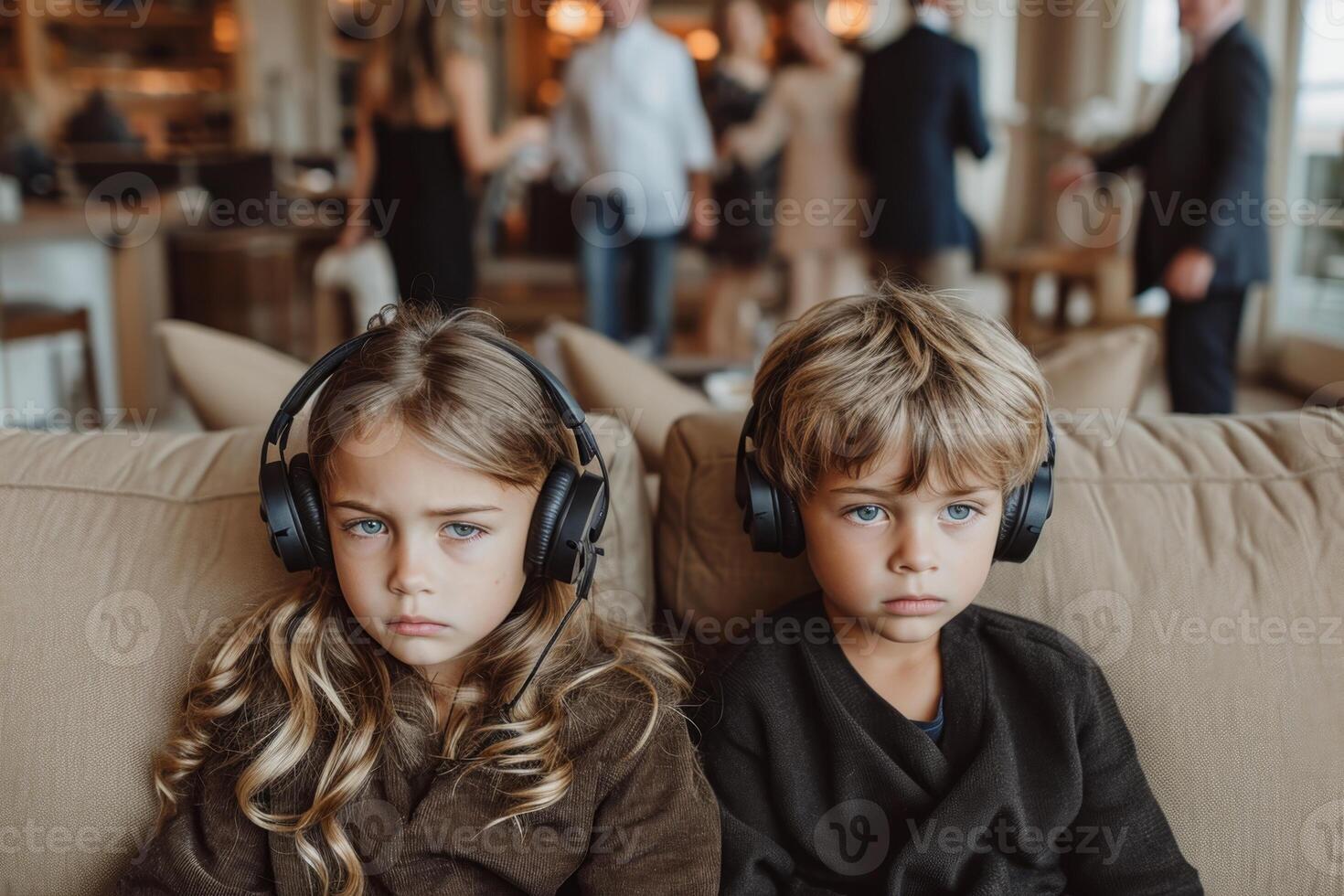 AI generated Two sad children are sitting on the couch with headphones on against the background of their parents' party photo