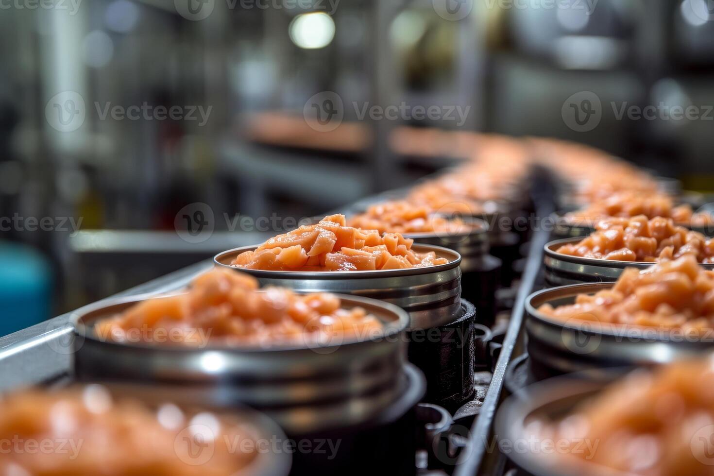 AI generated Production of canned fish. Tin cans of fish on the conveyor photo