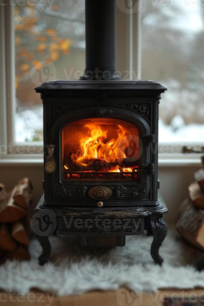 AI generated cast-iron stove in a rustic house with a fire lit inside to heat the house photo