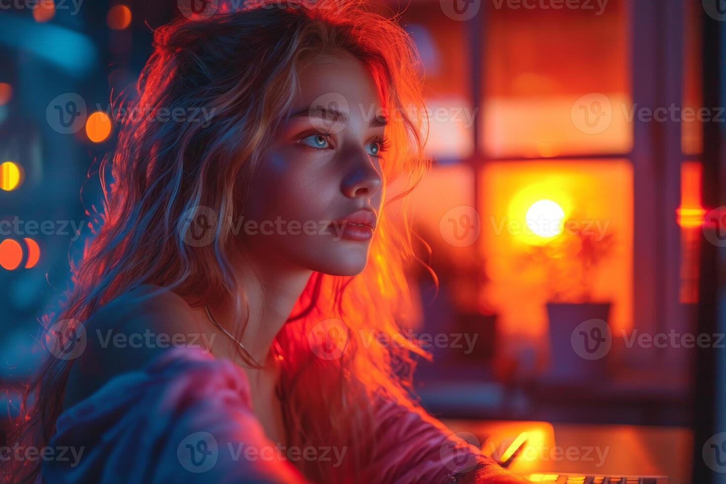 AI generated Portrait of a young girl working at home at a computer by the window at sunset. The concept of a freelancer photo