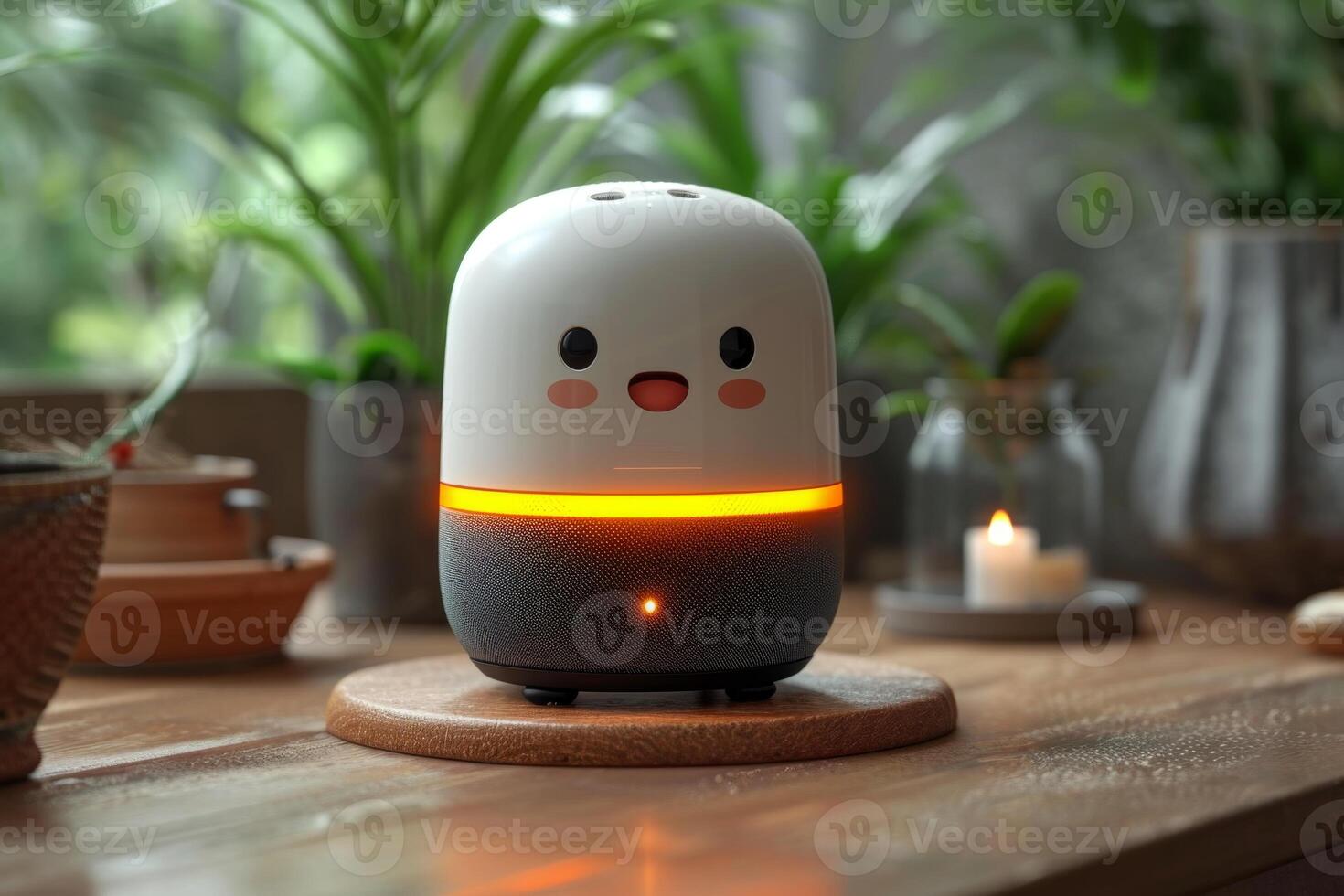 AI generated intelligent speaker with voice control. A smart speaker stands on a table in the interior photo