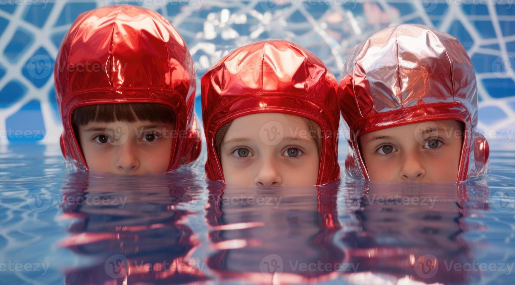 ai generado Tres niños en rojo tapas en el piscina foto