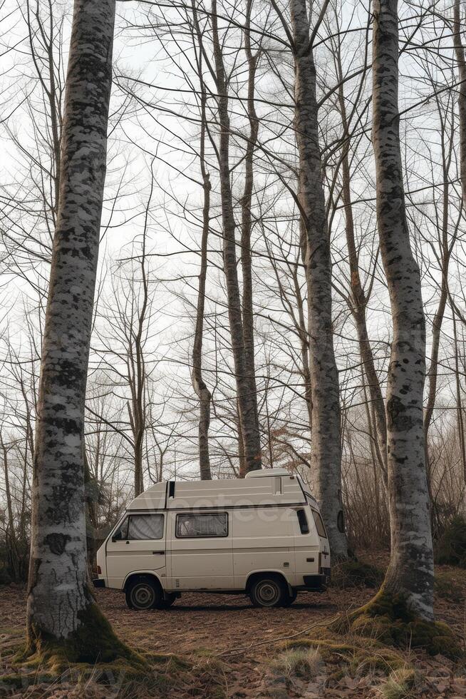AI generated Camping in the forest of the motorhome . Holidays in a camper van photo