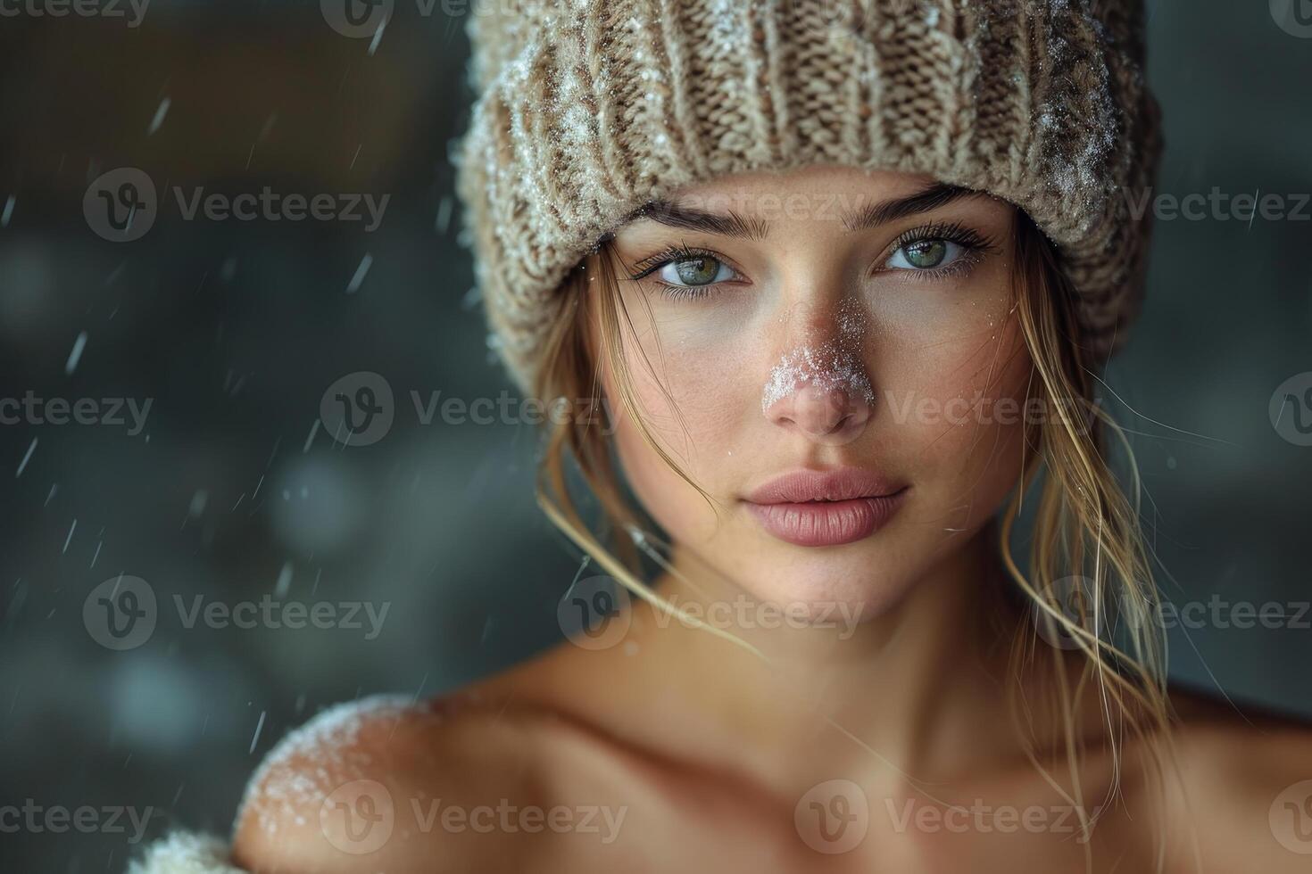 AI generated Winter portrait of a young beautiful woman in a hat photo