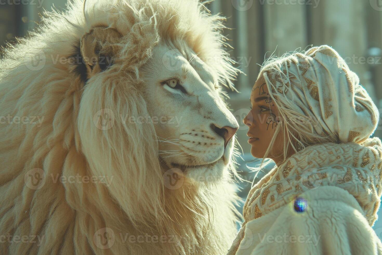 AI generated Beautiful fashionable young woman with a beautiful big lion photo