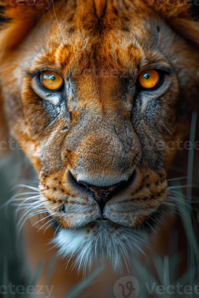 AI generated Portrait of a lion's muzzle in close-up. The Lion's head photo