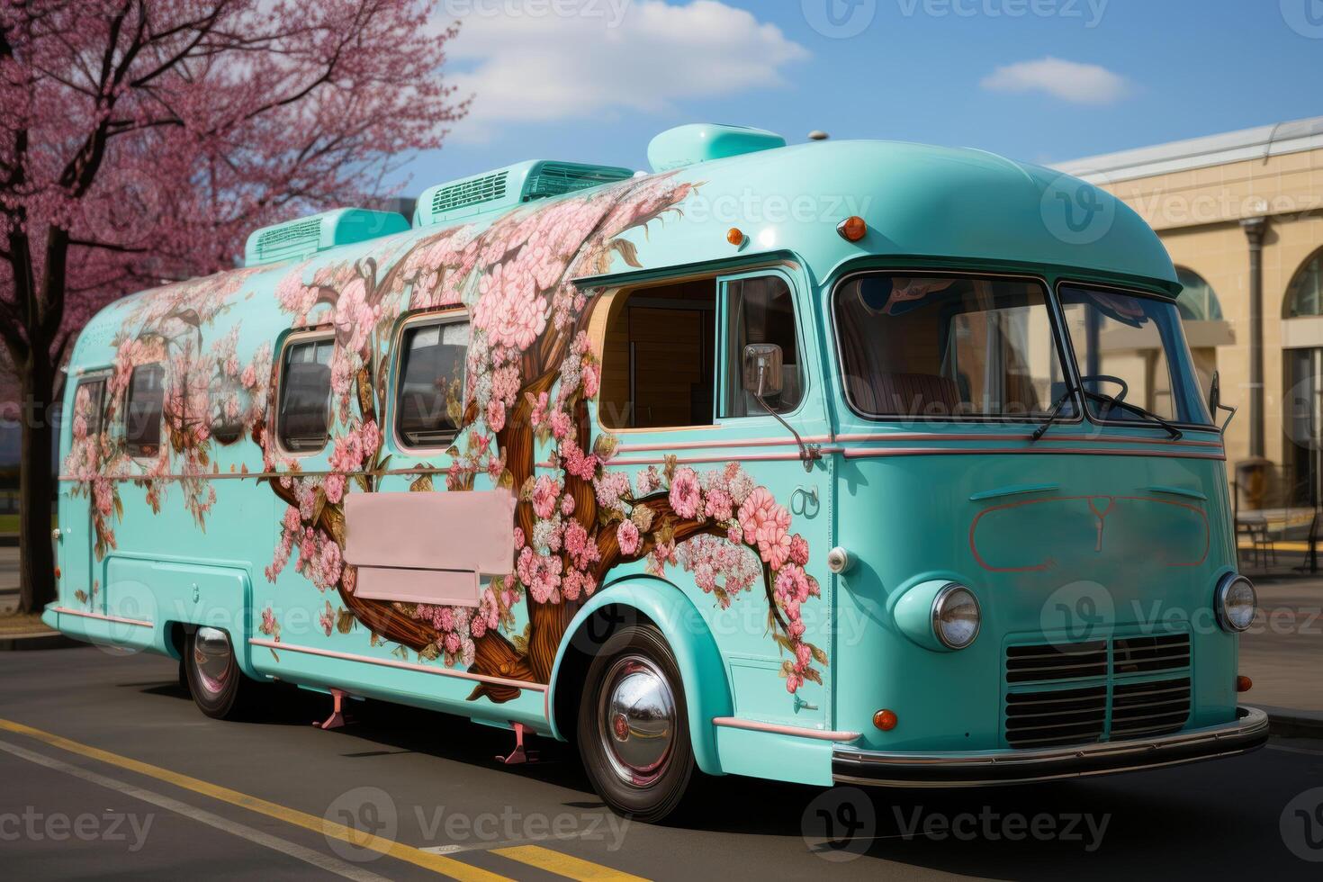AI generated A modern multicolored food truck on the street photo