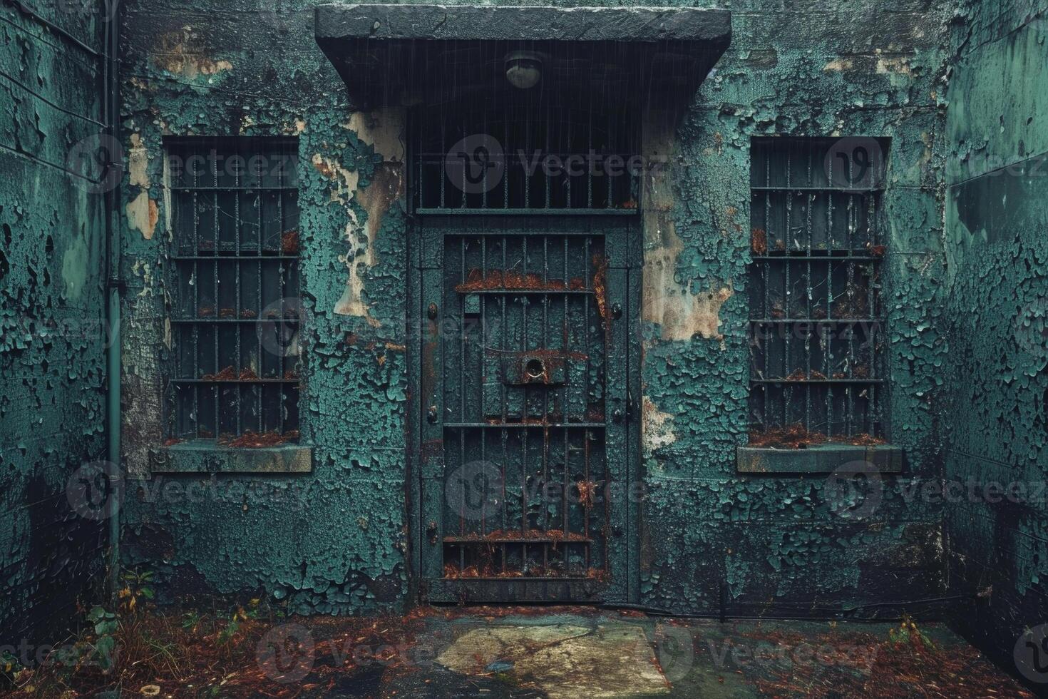 AI generated An old abandoned prison. A room with bars photo