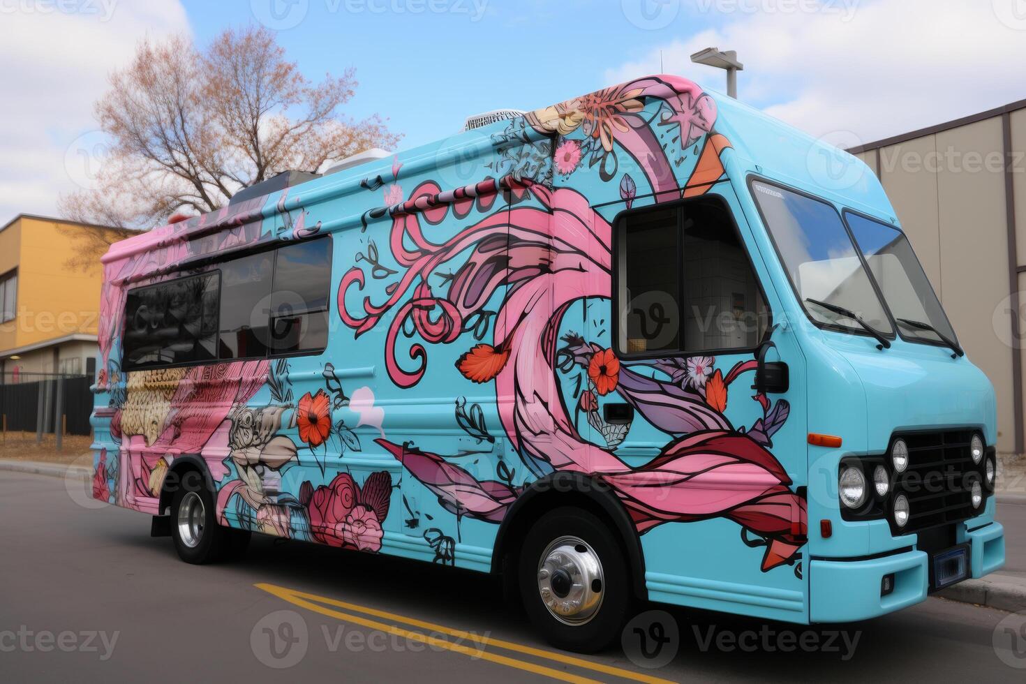 AI generated A modern multicolored food truck on the street photo