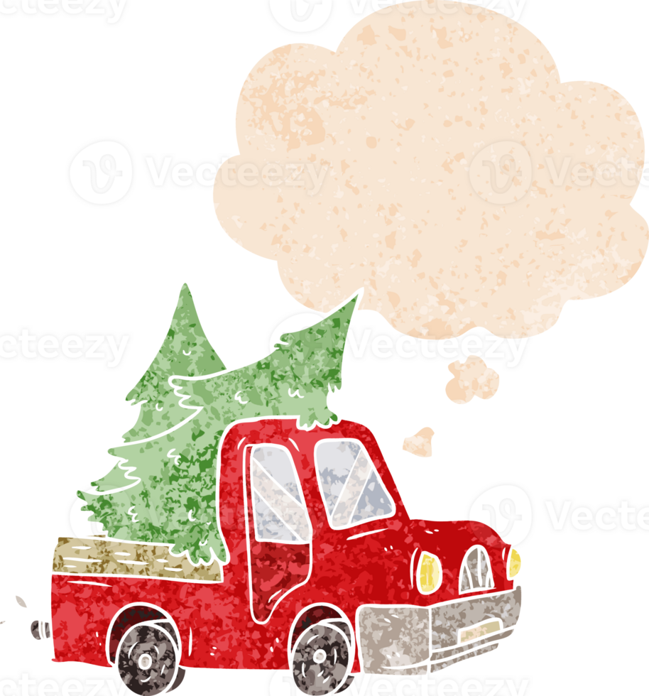 camionnette de dessin animé transportant des arbres et une bulle de pensée dans un style texturé rétro png