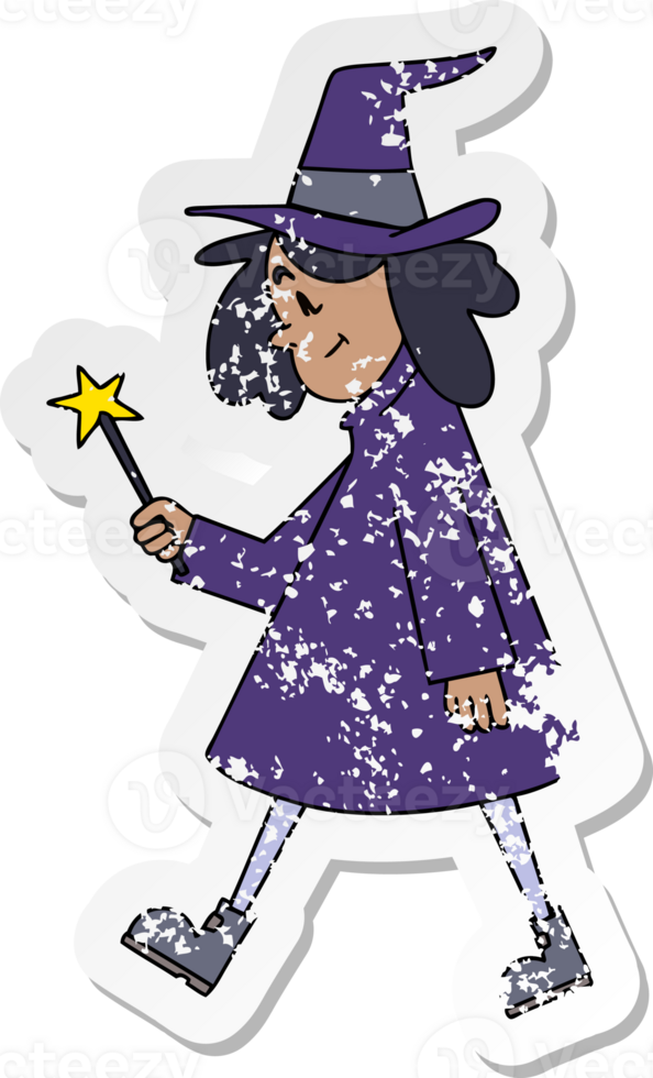 distressed sticker of a quirky hand drawn cartoon witch png