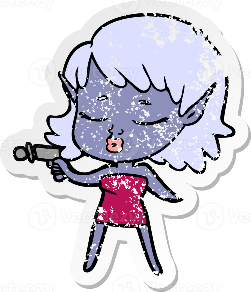 distressed sticker of a pretty cartoon alien girl with ray gun png