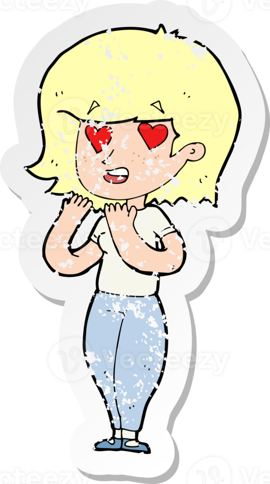 retro distressed sticker of a cartoon woman in love png