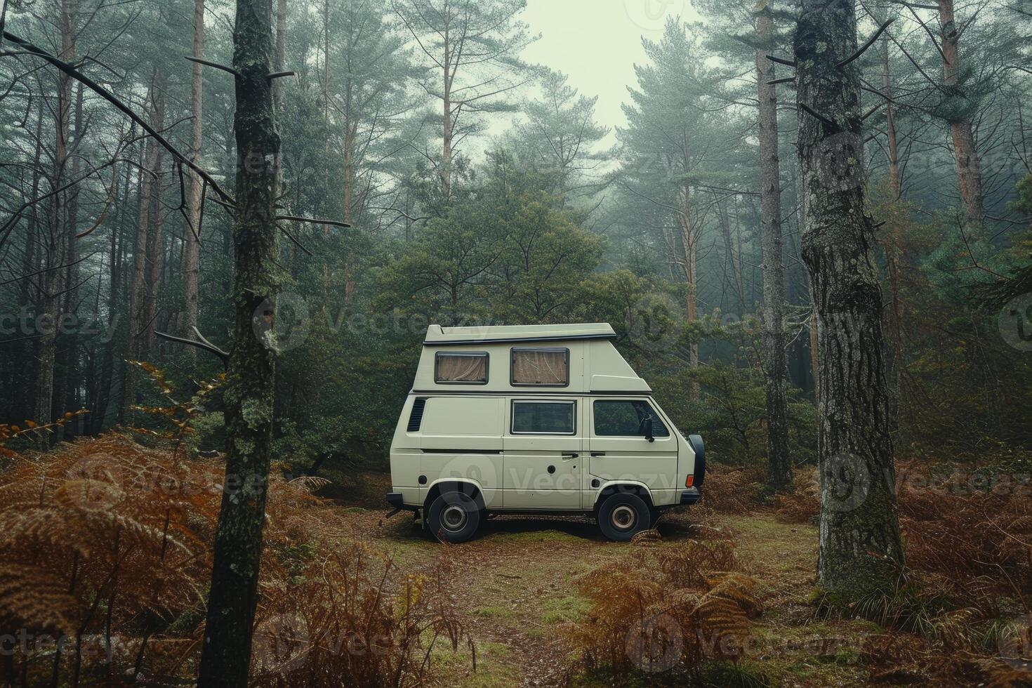 AI generated Camping in the forest of the motorhome . Holidays in a camper van photo