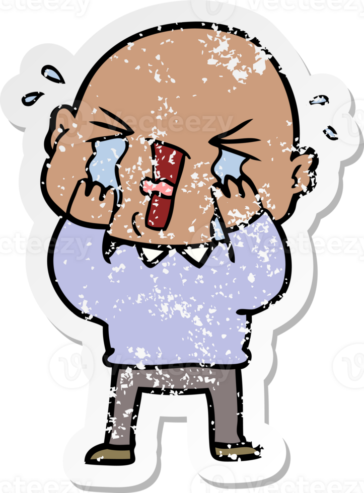 distressed sticker of a cartoon crying bald man png