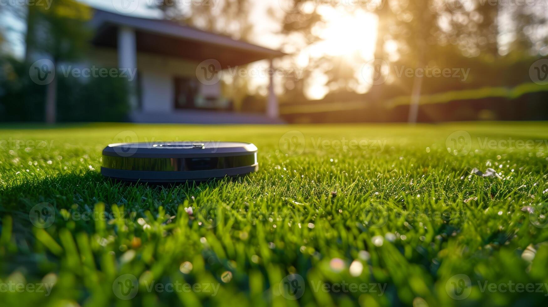 AI generated A robot vacuum cleaner is working in the courtyard on the lawn at sunset photo