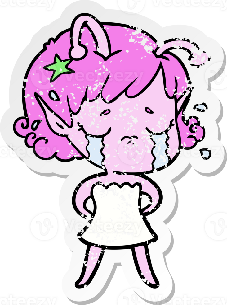 distressed sticker of a cartoon crying alien girl png