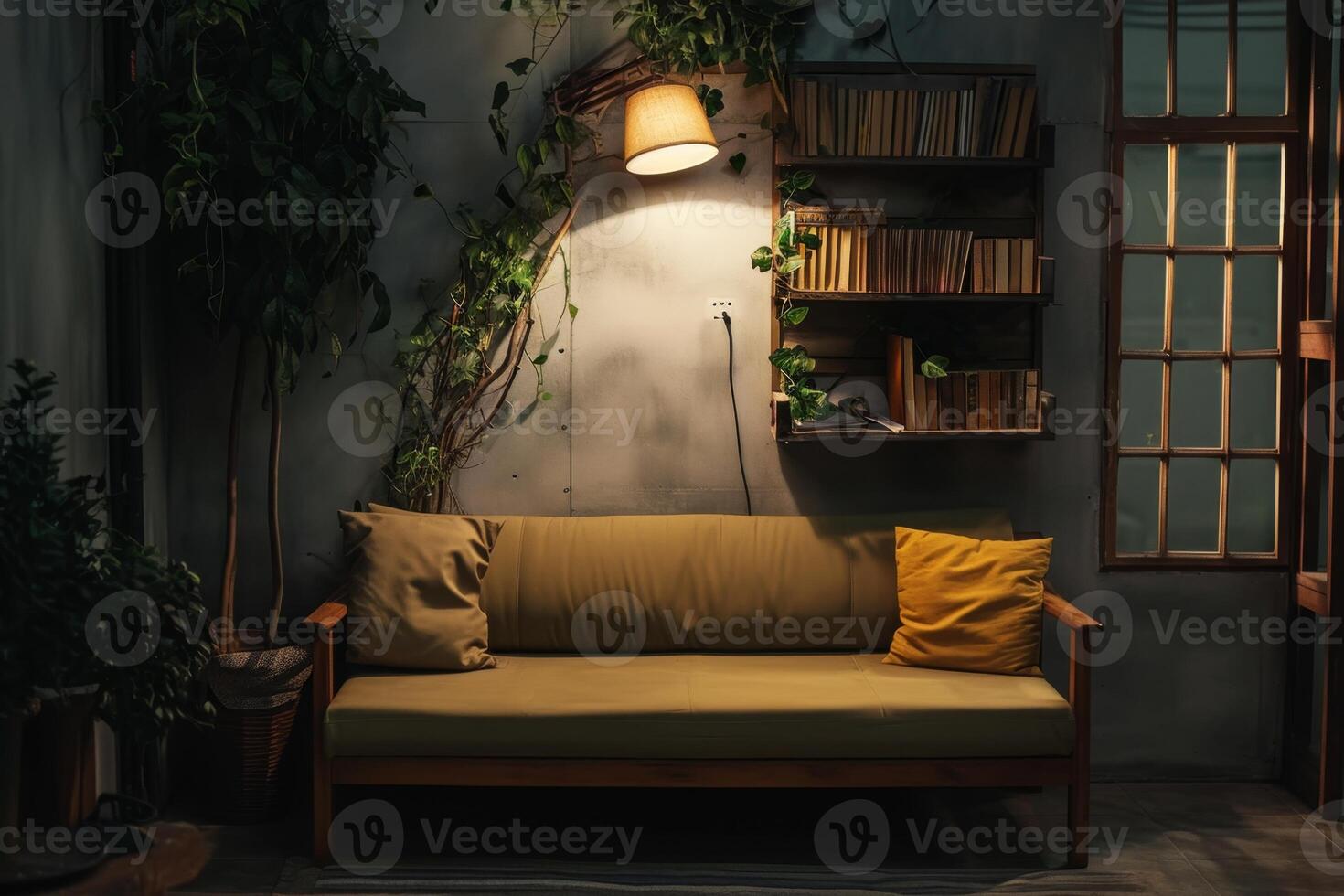 AI generated The sofa stands in the home interior. Design concept photo