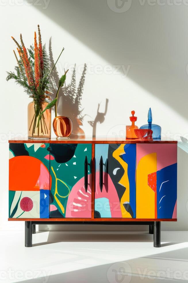 AI generated stylish sideboard decorated in a colorful style on a white background photo