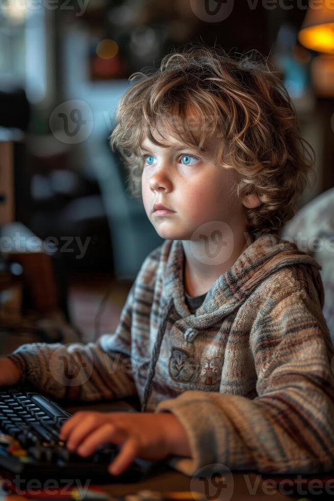 AI generated A charming streamer boy is playing a video game on a computer with a calm expression on his face photo