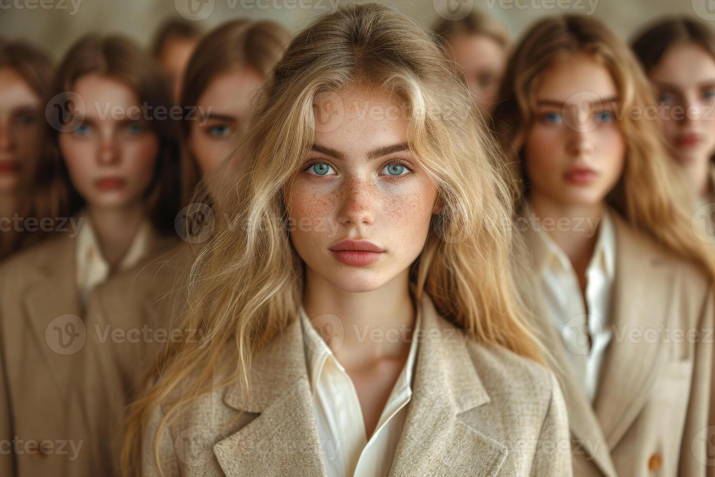 AI generated Portrait of a beautiful young girl and her colleagues in the background close-up photo