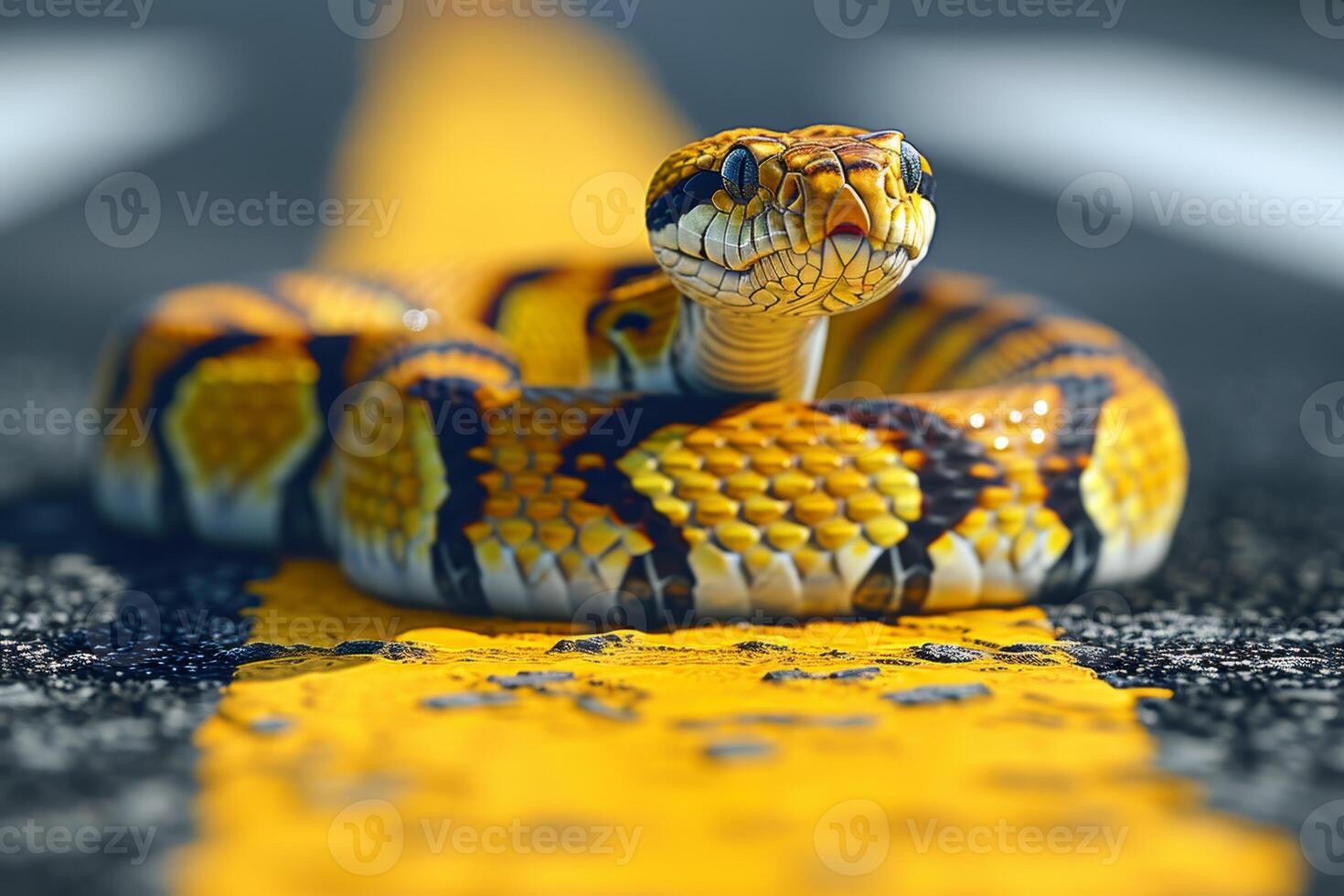 AI generated A snake crawls across a pedestrian crossing on the street photo
