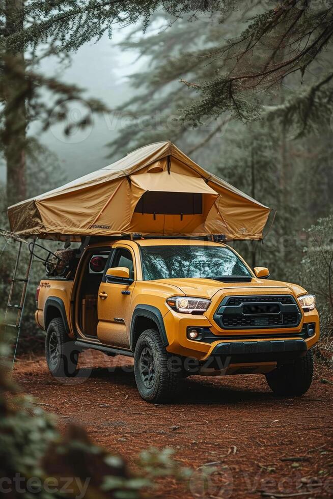 AI generated An SUV with a tent on the roof in the wild. Traveling by car photo