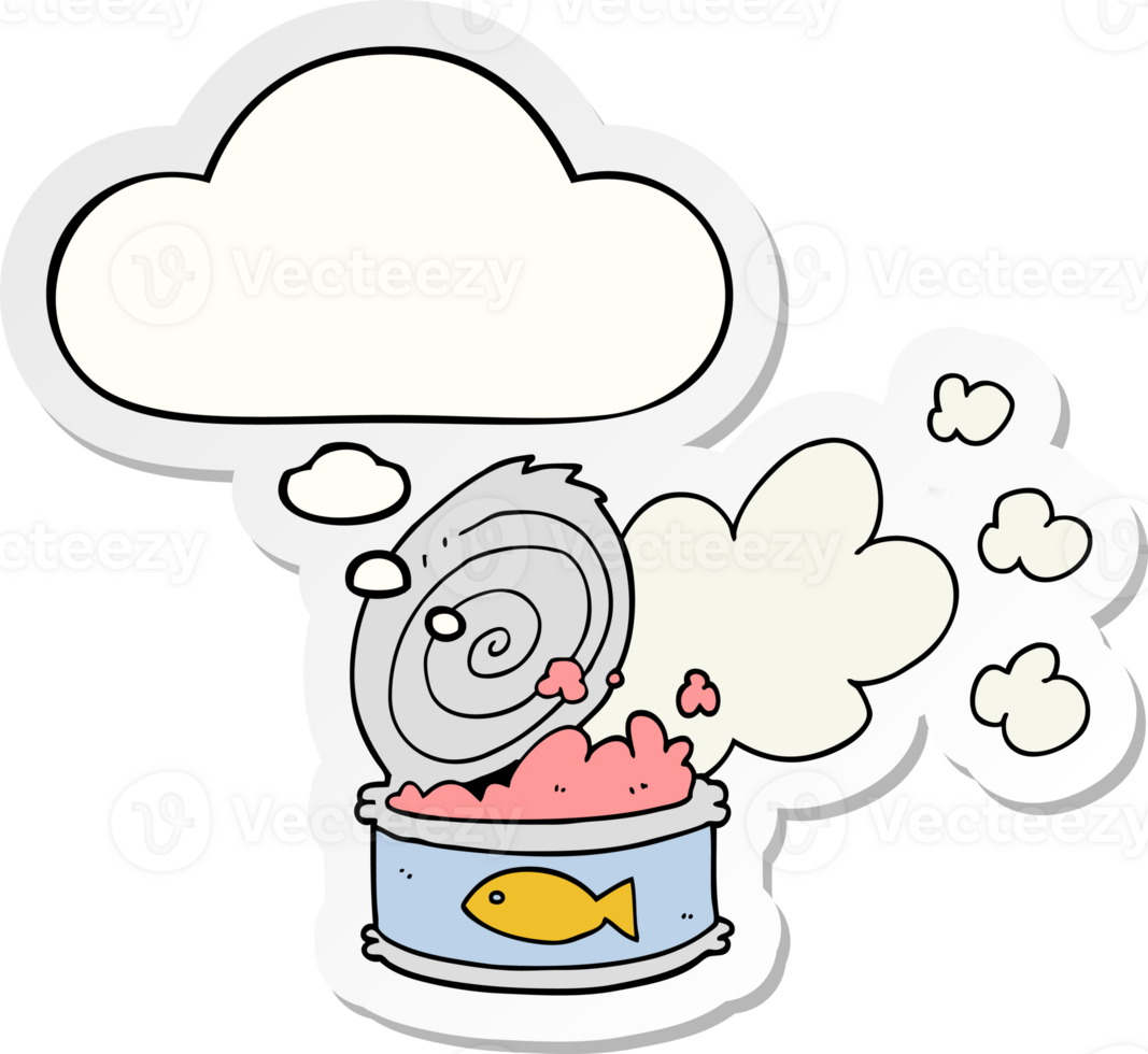 cartoon smelly can of fish and thought bubble as a printed sticker png