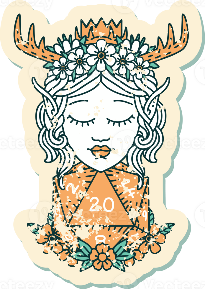 elf druid character with nautral twenty dice roll illustration png