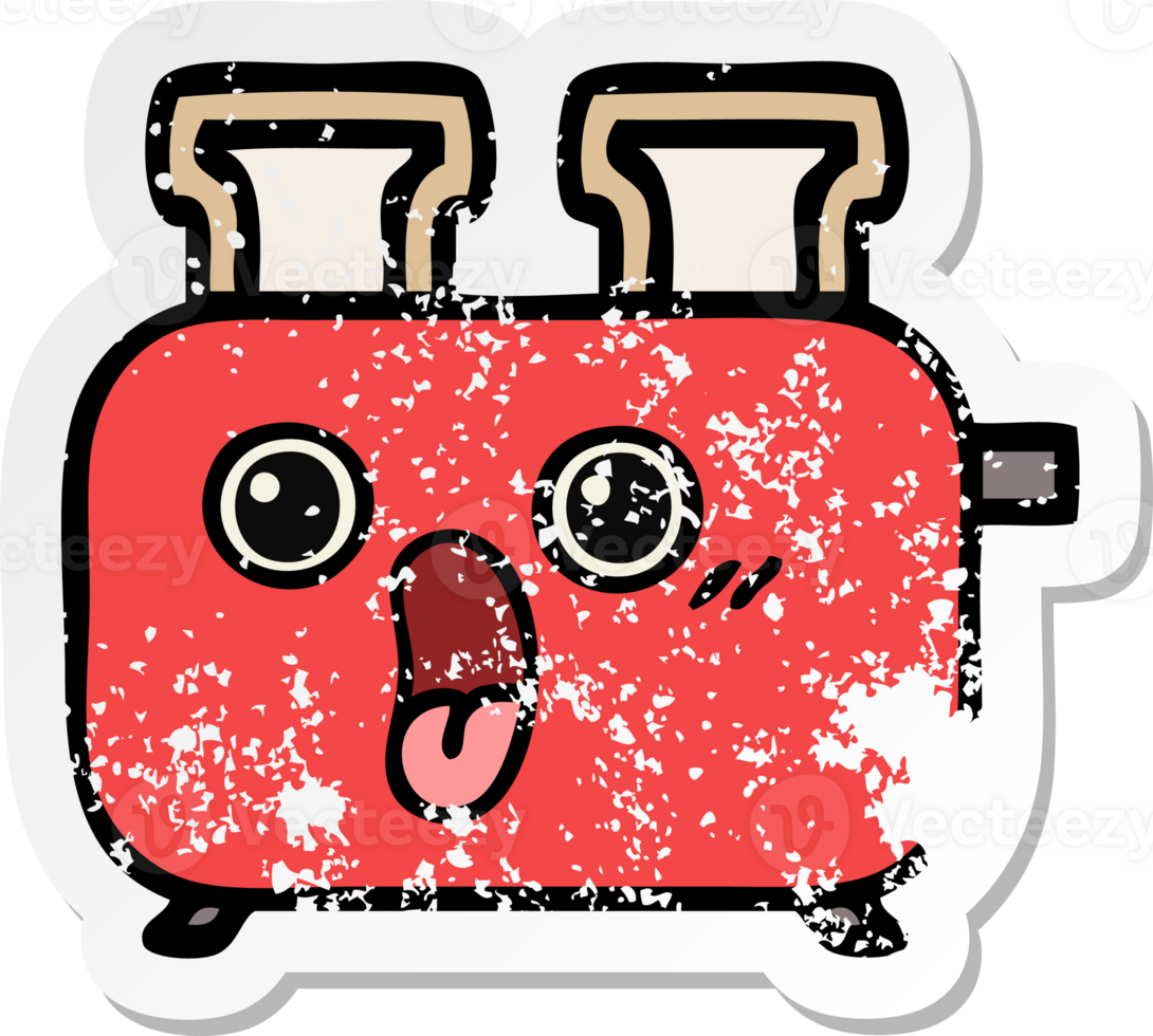distressed sticker of a cute cartoon of a toaster png