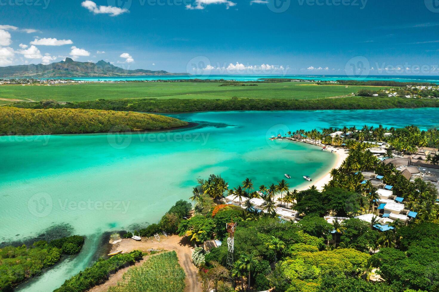 View from the height of the east coast of the island of Mauritius in the Indian Ocean. Beautiful lagoon of the island of Mauritius, photo
