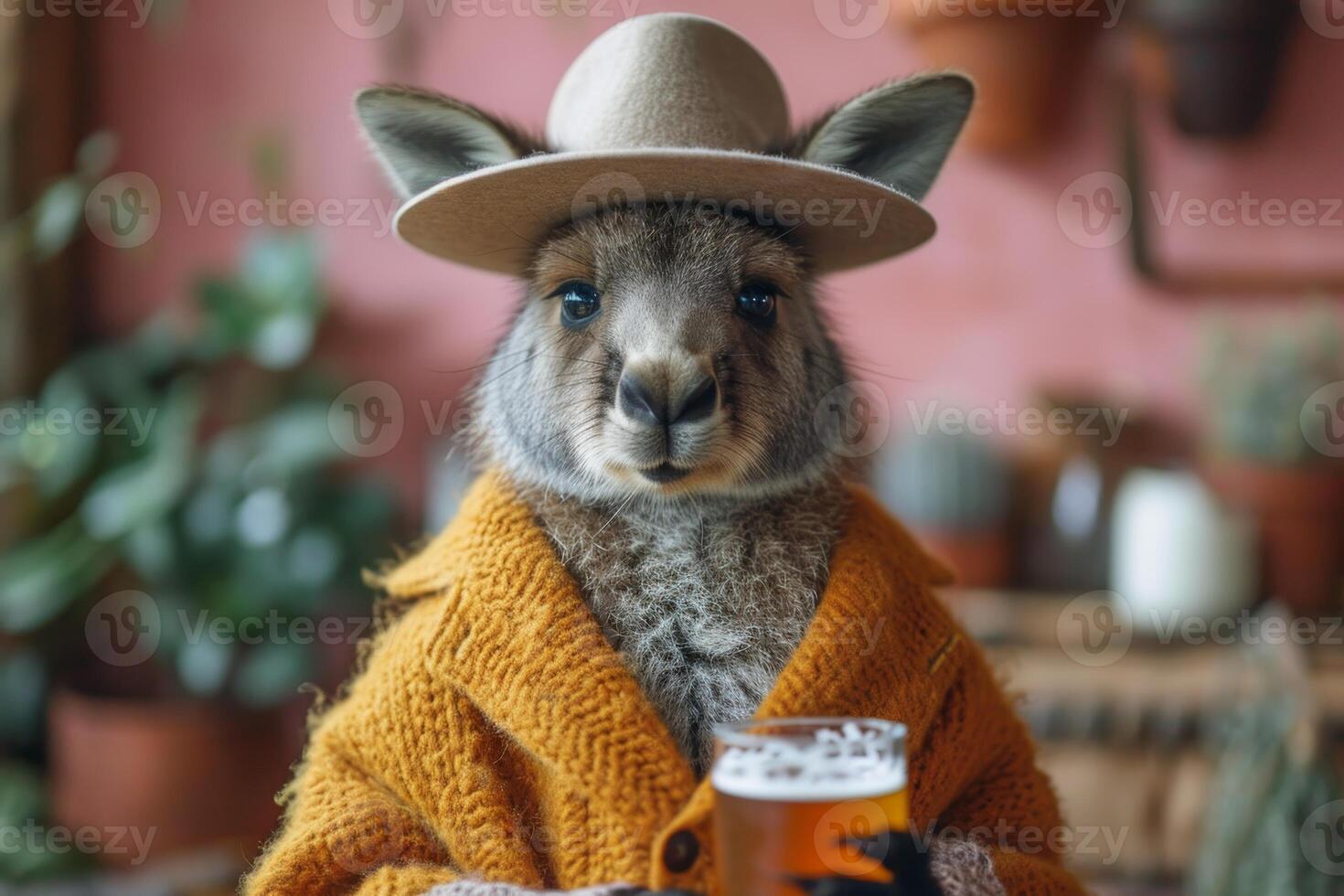 AI generated A hare in formal clothes with a glass of foamy beer at a table in the interior. 3d illustration photo