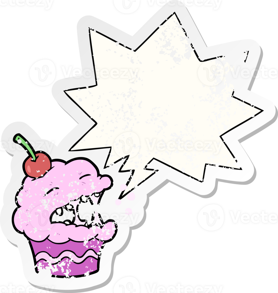 funny cartoon cupcake and speech bubble distressed sticker png