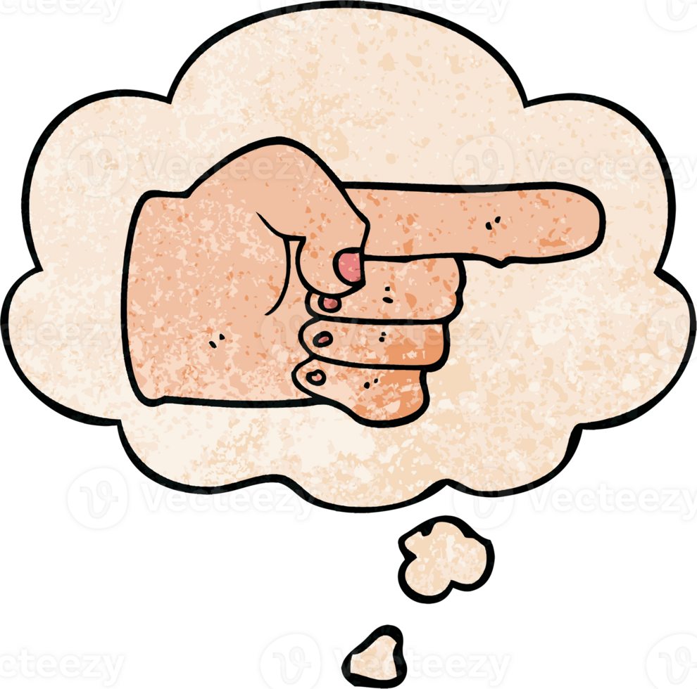 cartoon pointing hand and thought bubble in grunge texture pattern style png