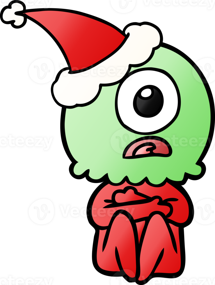 gradient cartoon of a cyclops alien spaceman wearing santa hat png