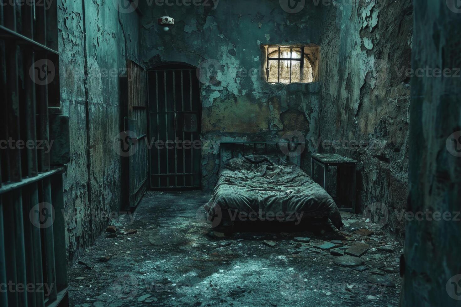 AI generated An old abandoned prison. A room with bars photo